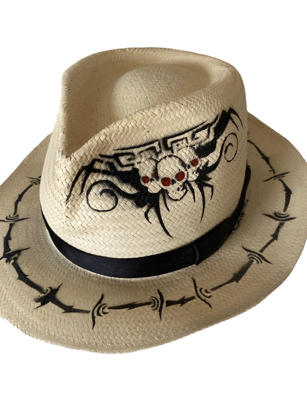 Run A Muck Straw Fedora Hat with Black Chicano Artwork and Black Band - M handpa